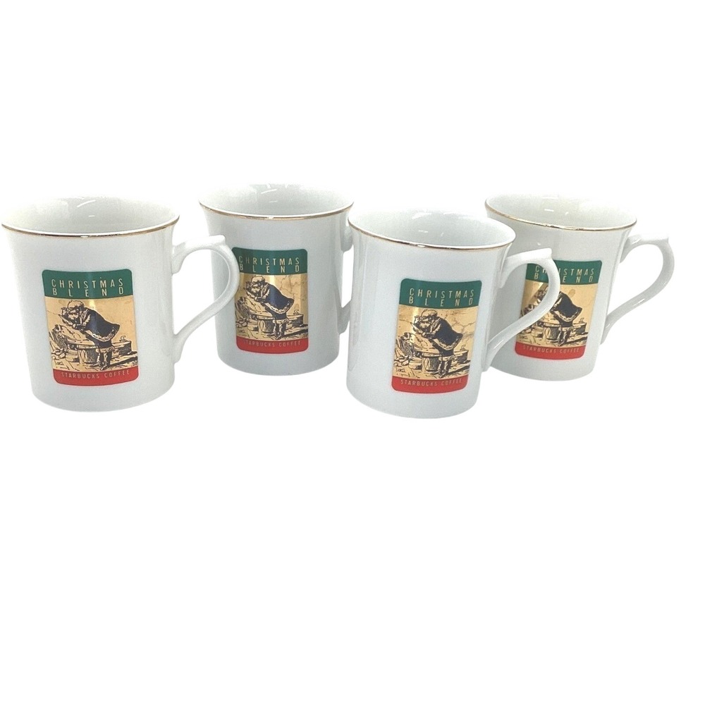 Starbucks Christmas Blend Vintage Mugs Set of‎ 4 White Gold Trim Japan Santa